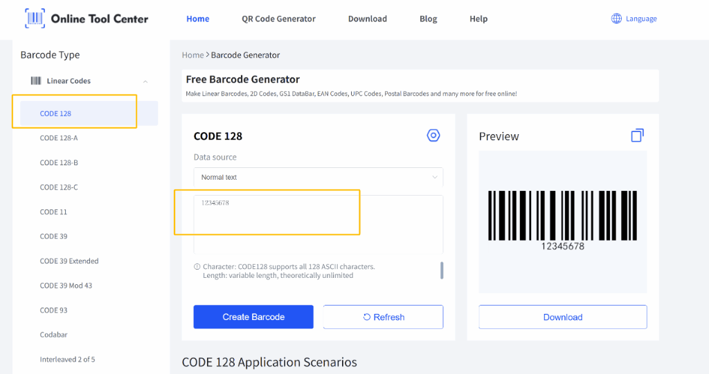 Barcode generator interface